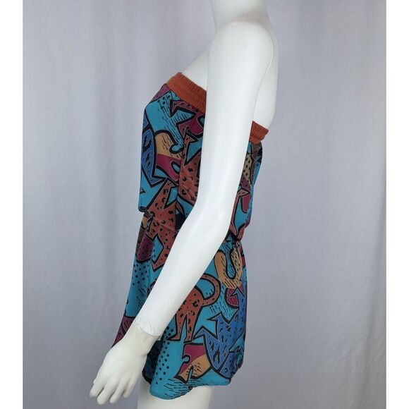 Super Lucky Cat Small Blue Abstract Print Recycled Strapless Mini Dress - Picture 4 of 8